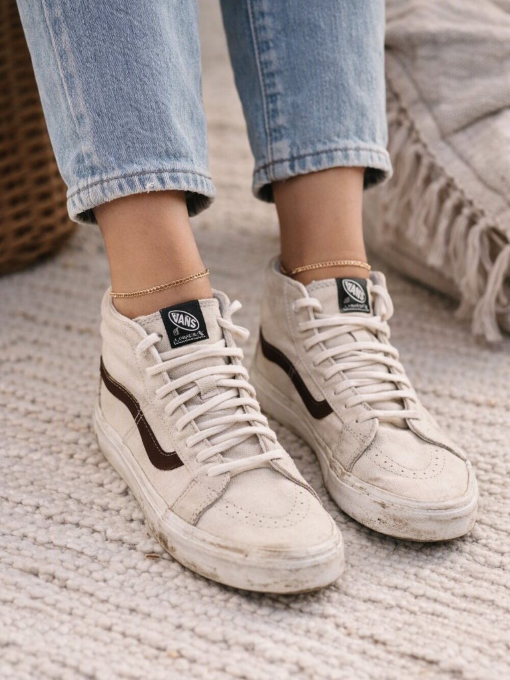 Vans Sk8-Hi Mid-Top Sneakers in Off-White with Brown Stripe